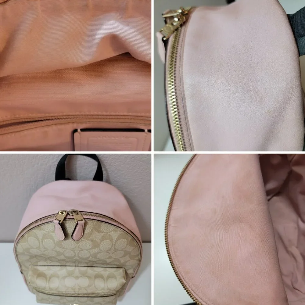 COACH Signature Canvas Mini Backpack Khaki Pink Leather Trim Bag - Picture 8 of 11